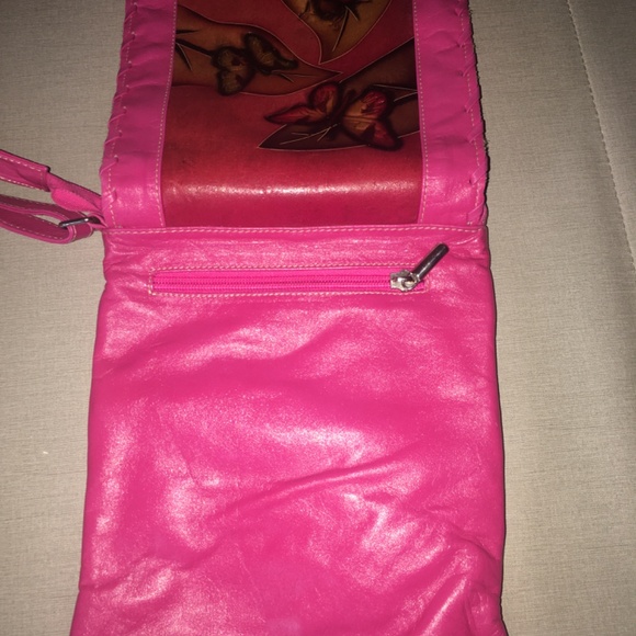 Butterfly & Lady Bug Handmade Embossed Pink Softened Cross Body Leather Purse - Picture 3 of 3